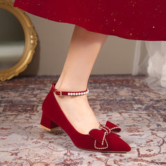 Faux Pearl Bow Ankle Strap Chunky Heel Wedding Shoes