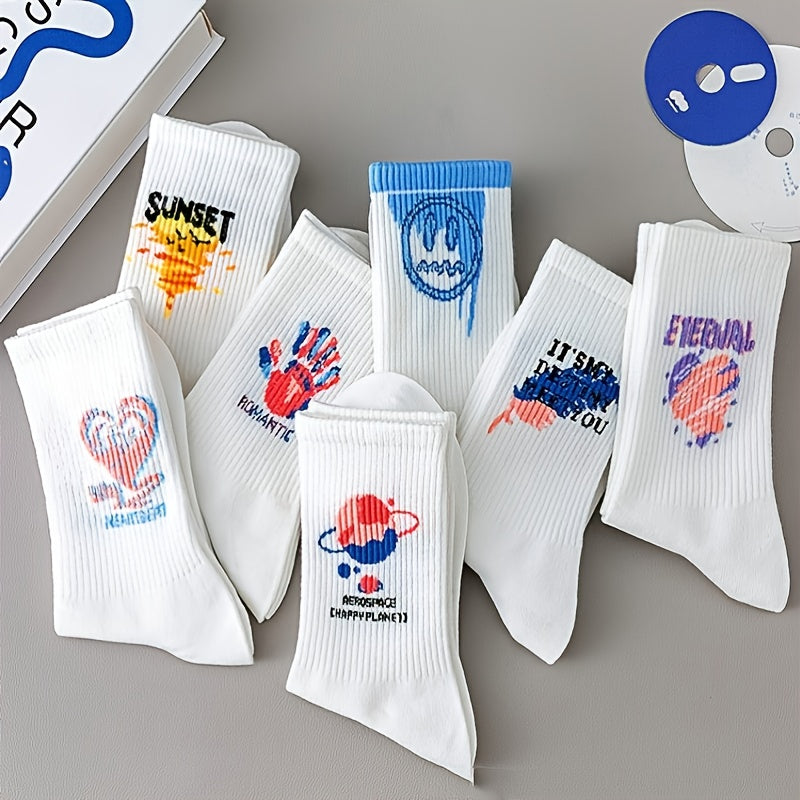 7 Pairs Women's Mixed Pattern Mid Tube Socks