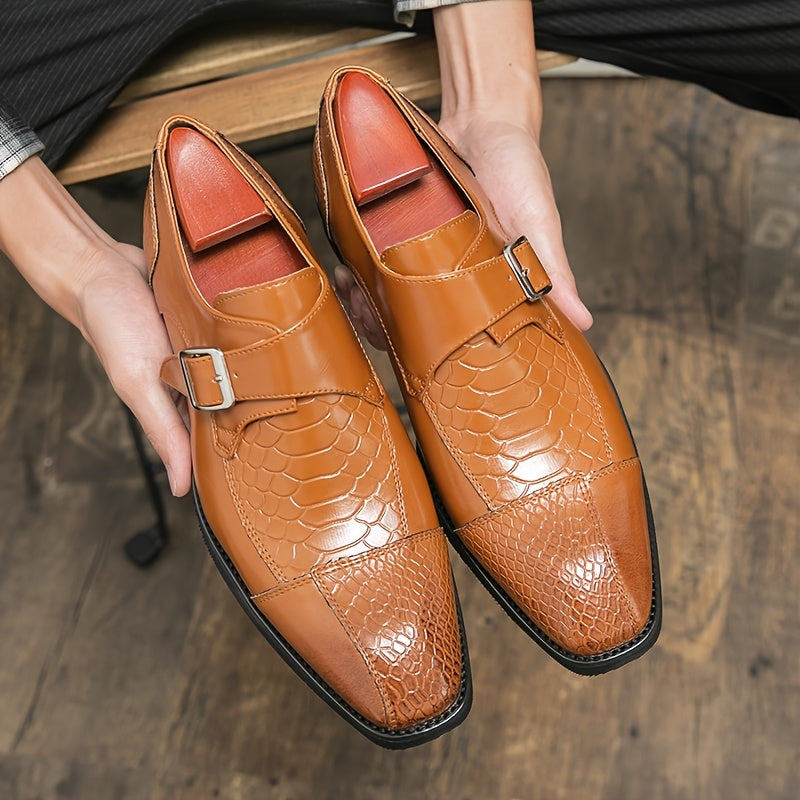 Men's Crocodile Print Monk Strap Square Toe Dress Shoes