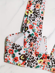 Floral Print V Notch Bikini Sets Wide Straps Tie Side High Cut Beachwear