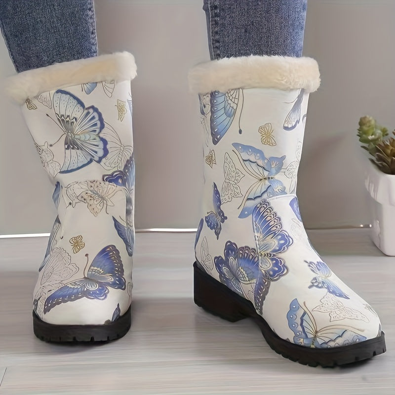 Women's Butterfly Pattern Fleece Lining Winter Mid Calf Boots