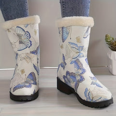 Women's Butterfly Pattern Fleece Lining Winter Mid Calf Boots