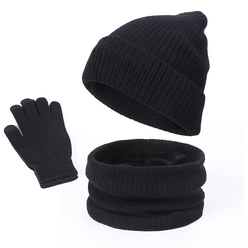 Winter Warm Hat Scarf Gloves Set Windproof Knitted Beanie for Men Women