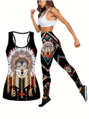 Women's Plus 3D Wolf Print Tank Top & Leggings Set