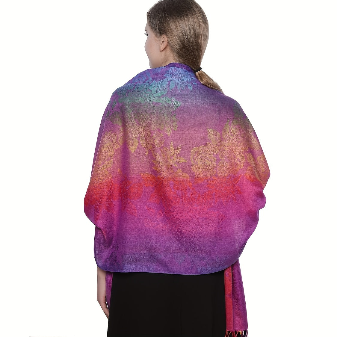 Gradient Fringed Scarf Long Print Warm Shawl Sunscreen Satin Shawl Wraps