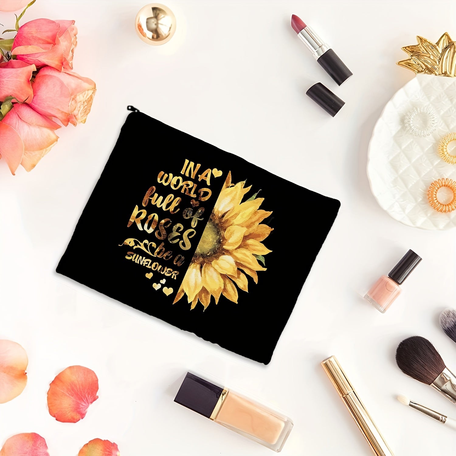 Slogan & Sunflower Print Cosmetic Bag Makeup Bags Travel Bag