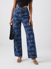 Leaf Print Straight Jeans High Waist Denim Pants