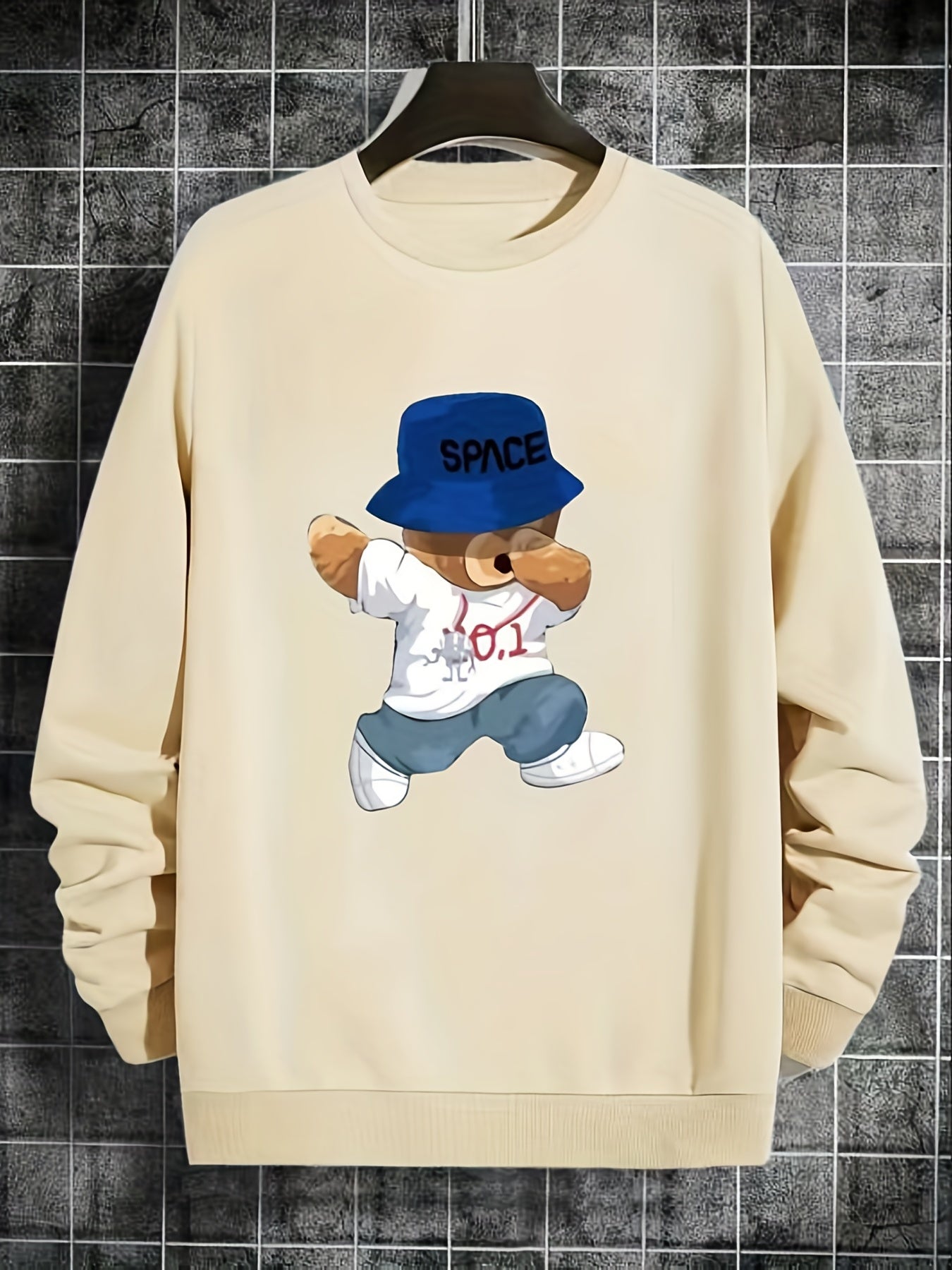 Kid's Cartoon Bear Pattern Sweatshirt SPACE Print Pullover Crew Neck