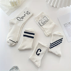 5 Pairs Letter & Striped Print Socks Breathable College Style Women's Stockings