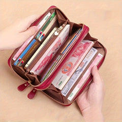 Leather Women'S Wallet with Double Zipper Wrist Strap in Brown and Dark Gray