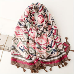 Boho Geometric Print Tassel Scarf - Vintage Style Shawl
