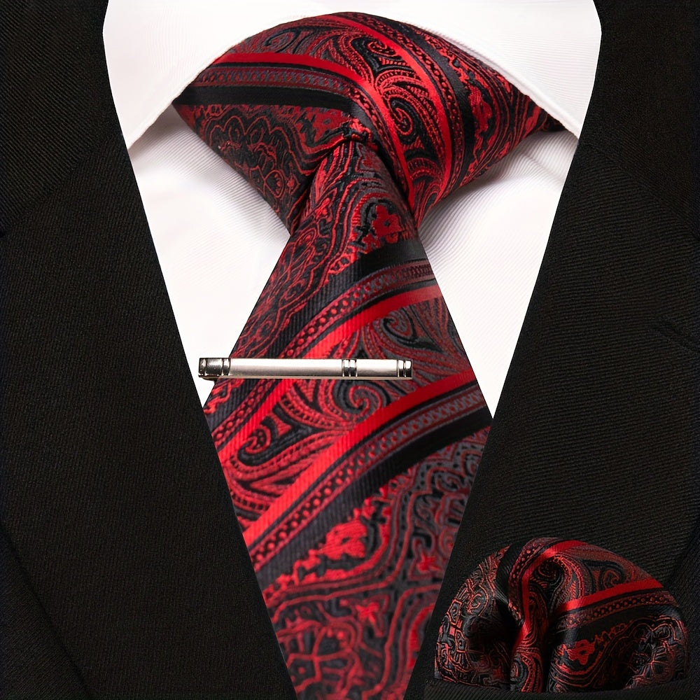 3pcs Striped Tie & Pocket Square Set with Tie Clip