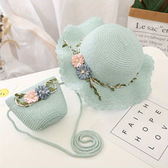 Girls Flowers Lace Trim Straw Hat & Bag Set UV Protection Sun Hat S