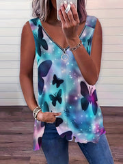 Butterfly Print Zipper Front V Neck Tank Top