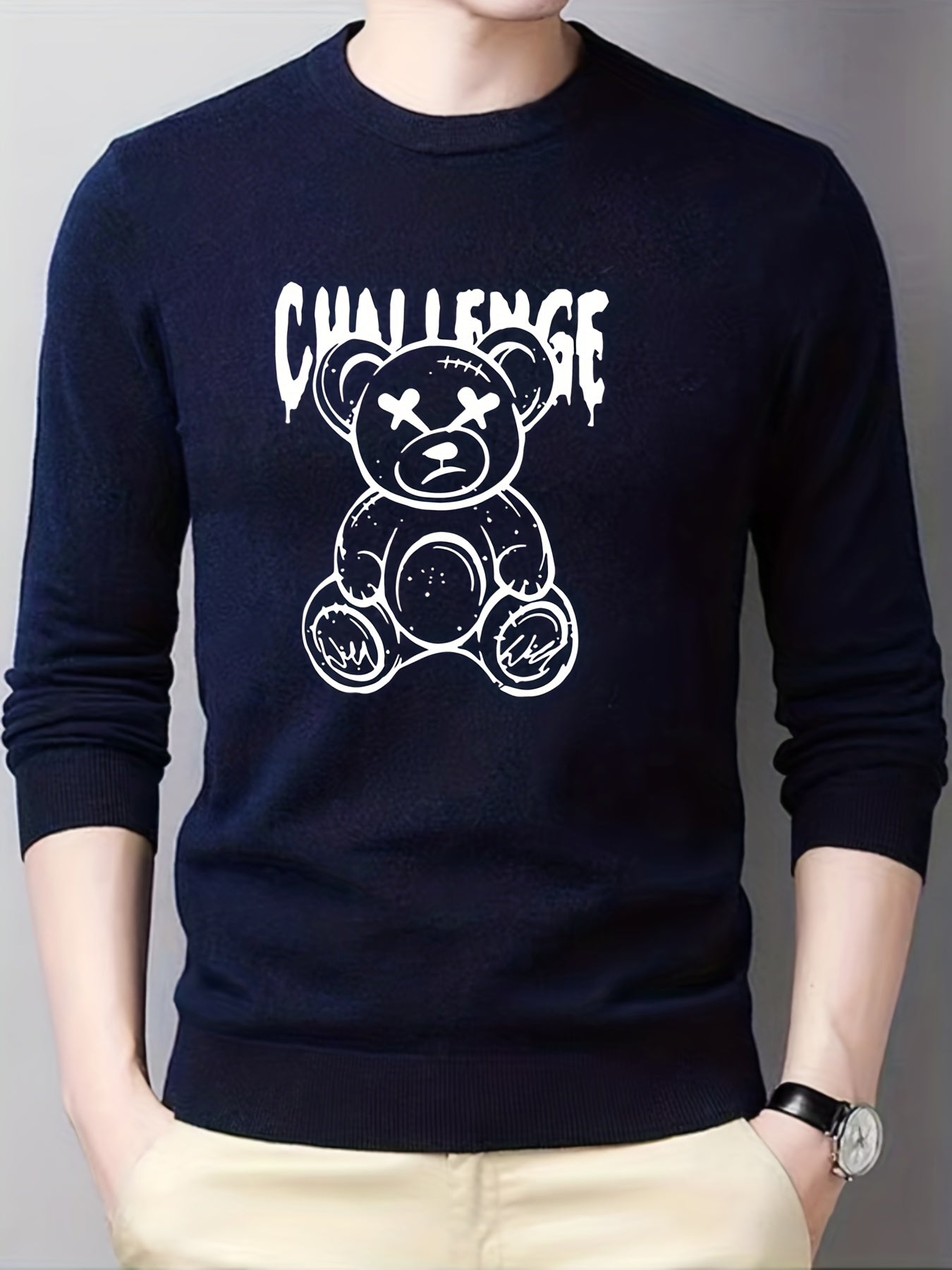 Cartoon Teddy Bear Print Knitted Sweater Men's Casual Warm Pullover