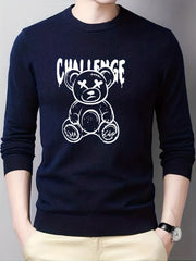 Cartoon Teddy Bear Print Knitted Sweater Men's Casual Warm Pullover