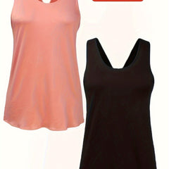 2Pcs Solid Sports Vest Round Neck Back Split Quick Drying Sporty Top