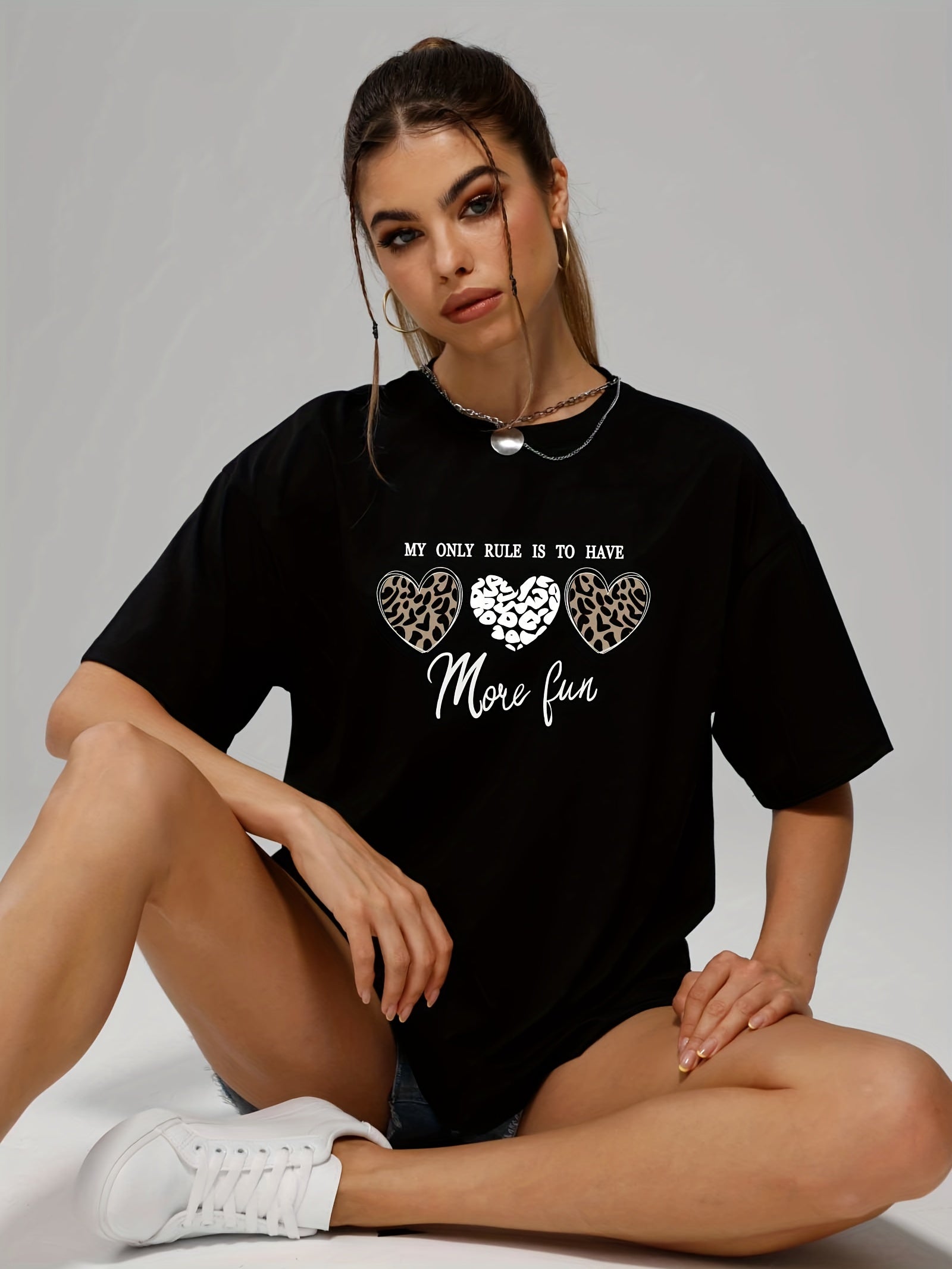 Leopard Heart Print T-Shirt Crew Neck Loose Short Sleeve Tee