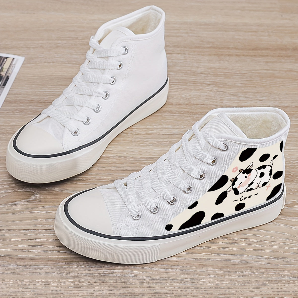 Cow Print Plush Lined Chunky Canvas Sneakers