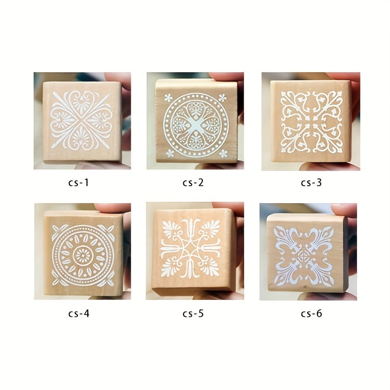 6pcs Vintage Square Wooden Seal Vintage Pattern Seal DIY Journal Seal