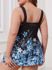 Glitter Sakura Print Tankini Set Round Neck Top & Shorts Swimsuit
