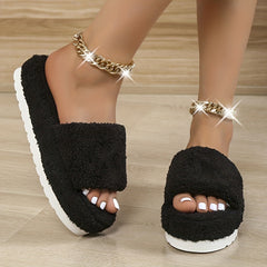 Women's Plush Winter House Slippers Open Toe Fluffy Platform Slides