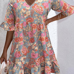 Floral Ruffle Trim V Neck Plus Size Boho Dress