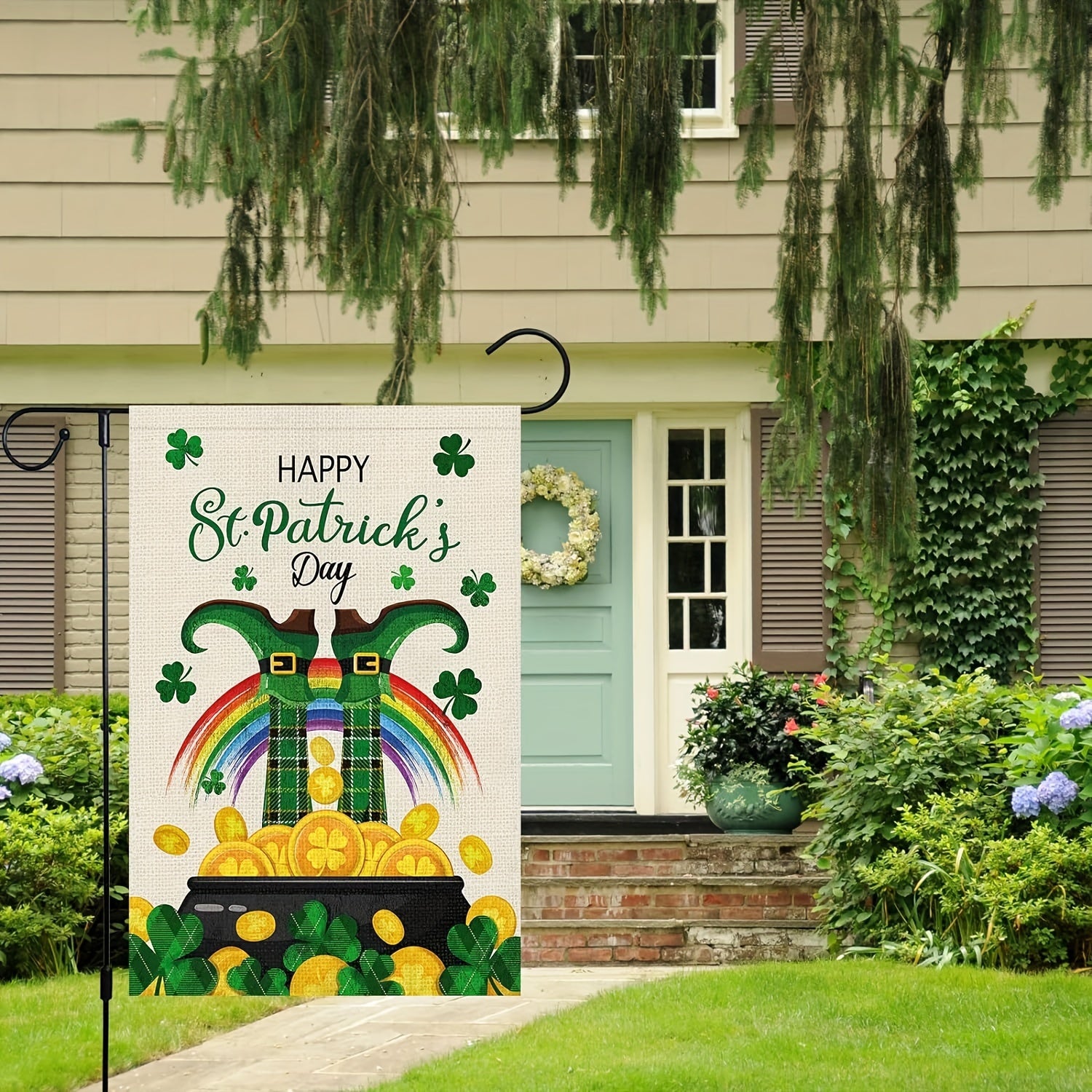 St Patrick's Garden Flag Double Sided Burlap Small Lucky Leprechauns Shamrock