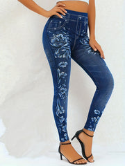 Floral & Denim Print High Rise Leggings