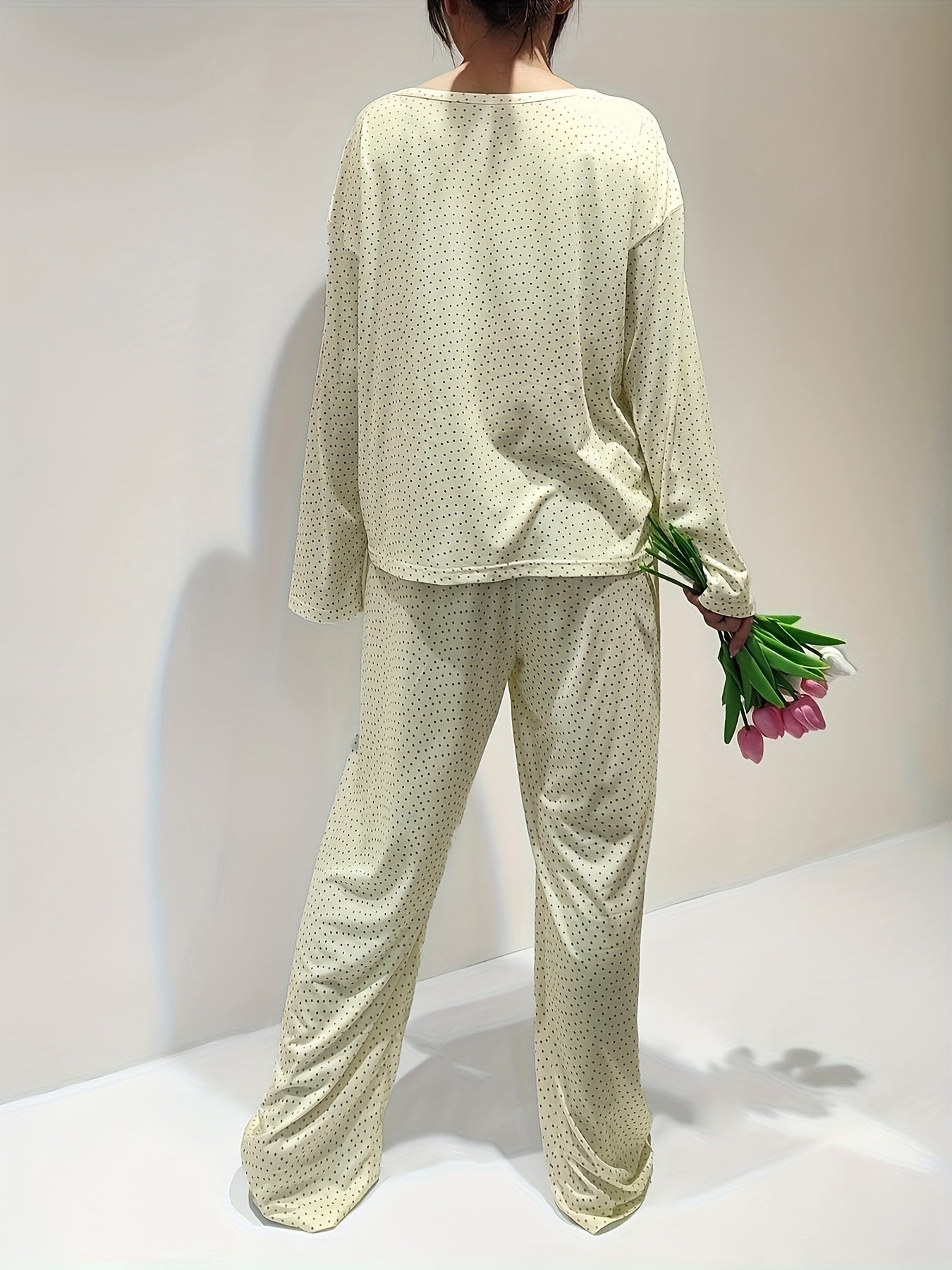 Polka Dot Lounge Set Long Sleeve Top & Pants Women's Loungewear