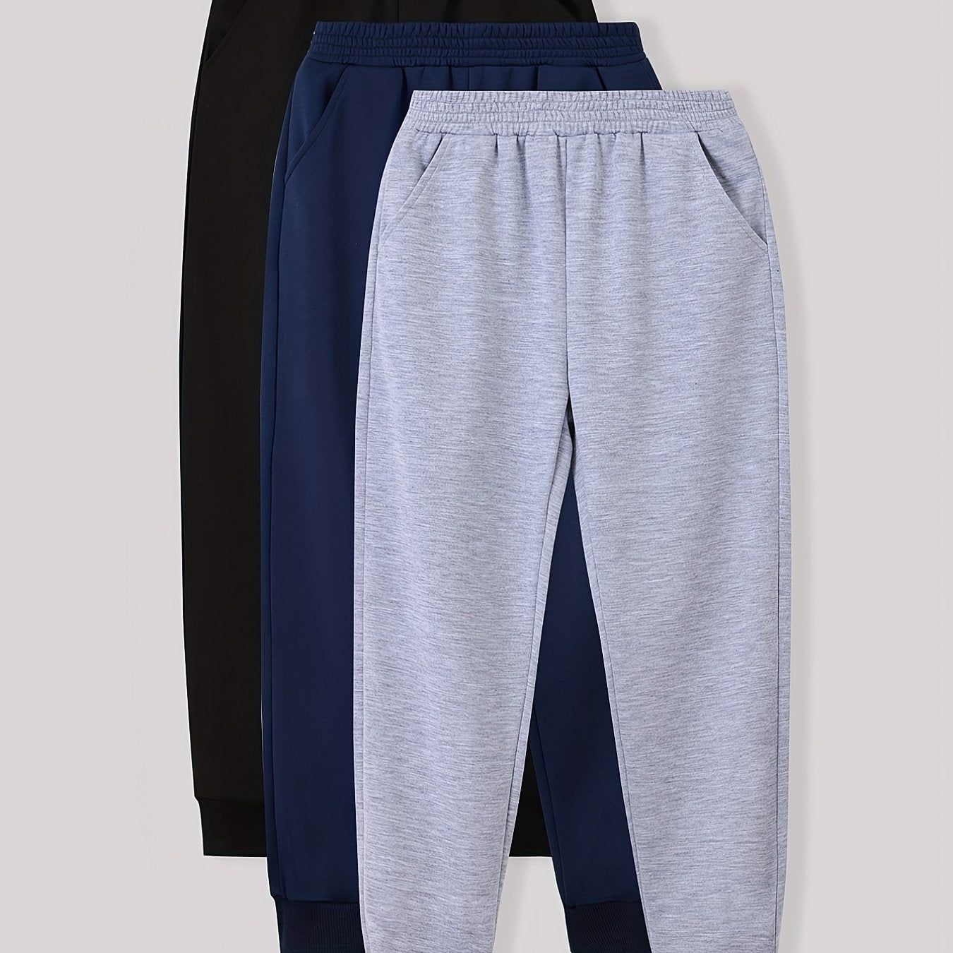 3pcs Boy's Solid Sweatpants Elastic Waist Joggers For Outdoor