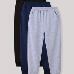 3pcs Boy's Solid Sweatpants Elastic Waist Joggers For Outdoor