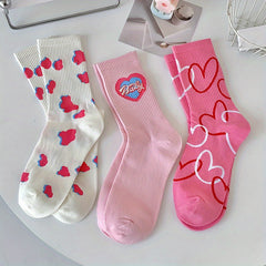 3 Pairs Heart Print Socks Women's Stockings & Hosiery
