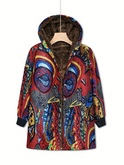 Abstract Print Hooded Coat Open Front Long Sleeve Outerwear
