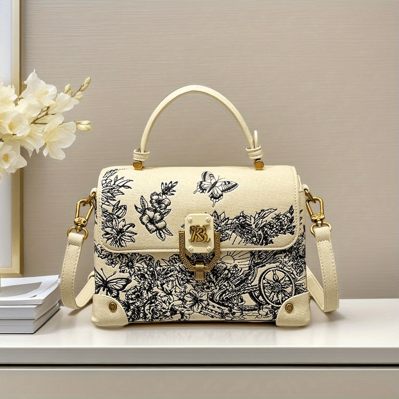 Floral Embroidered Crossbody Bag with Golden Hardware