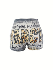 Leopard & Letter Print Skinny Shorts for Women