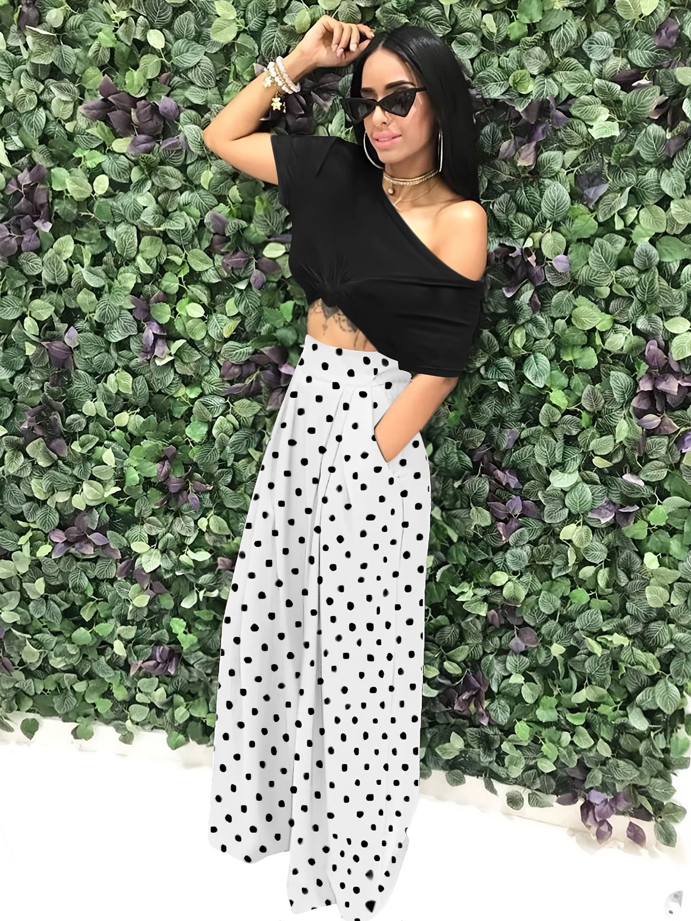 Houndstooth Wide Leg Pants High Waist Casual Pants With Pockets