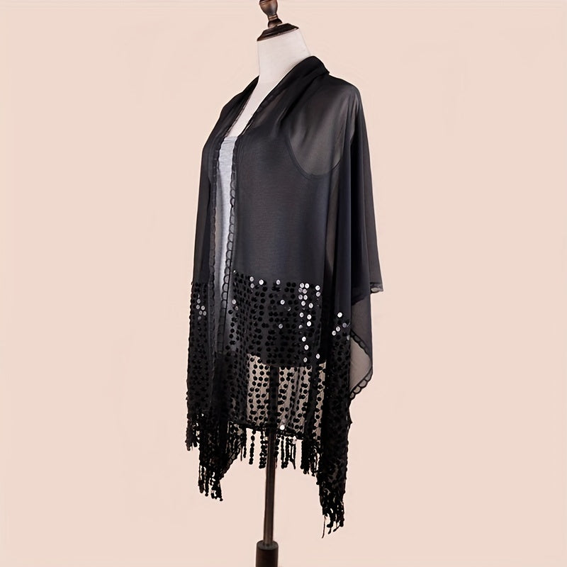 Sequin Decor Tassel Shawl Long Scarf Embroidery Lace Wrap Chiffon Scarves
