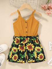 Toddler Girls Sunflower Graphic Cami Romper with Belt