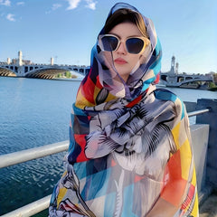 Oversized Floral Print Scarf Geometric Gauze Shawl Wrap