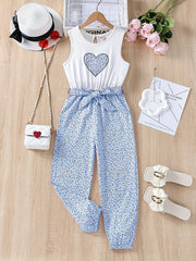 Girls Ditsy Heart Print Sleeveless Jumpsuit for Kids Summer