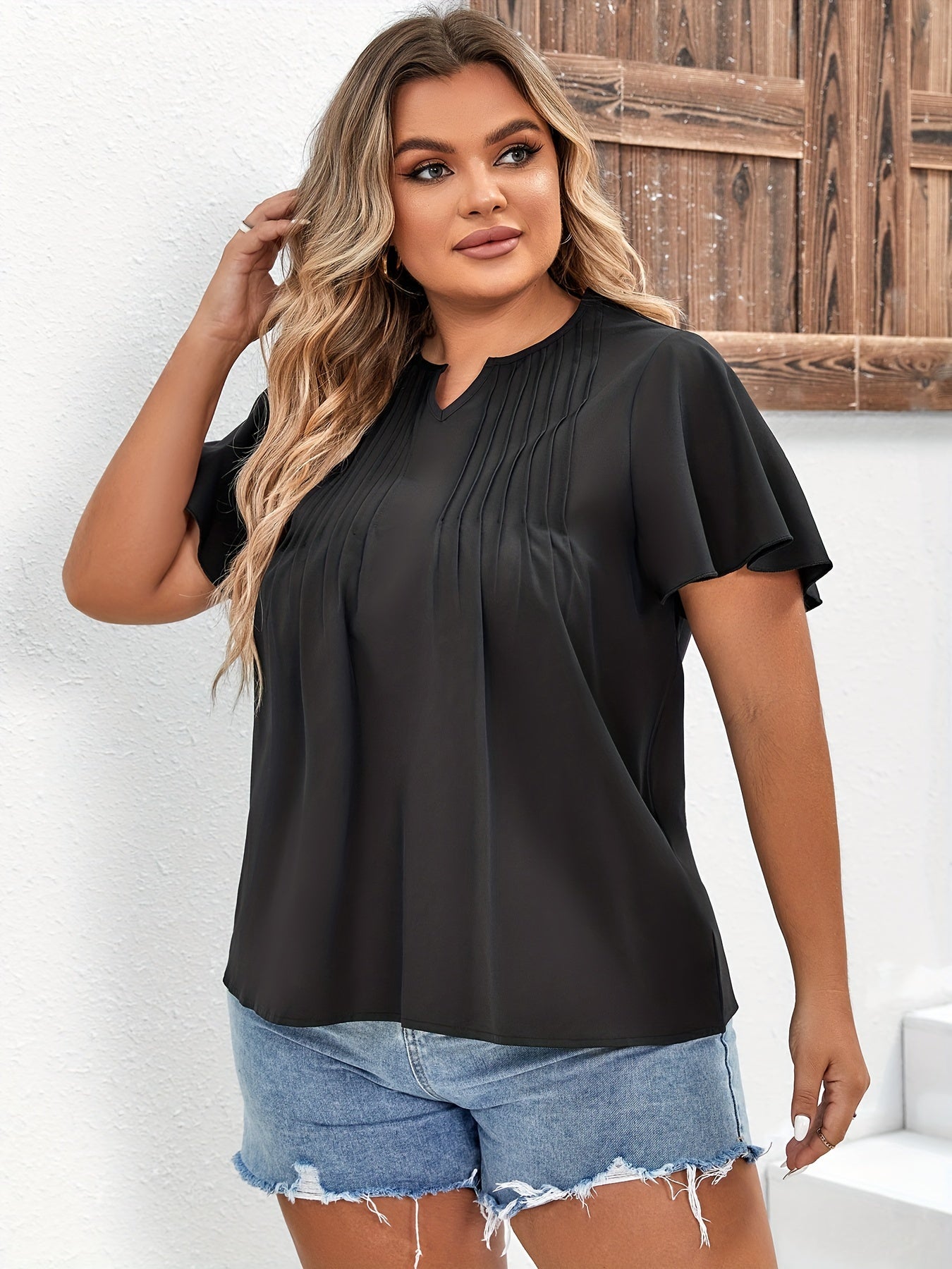 Ribbed Cap Sleeve Notched Neck Blouse