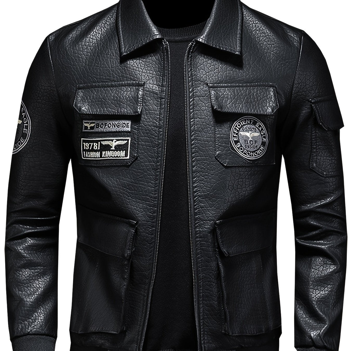 Embroidery Pocket PU Jacket Men's Casual Zip Up Faux Leather Jacket