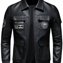 Embroidery Pocket PU Jacket Men's Casual Zip Up Faux Leather Jacket