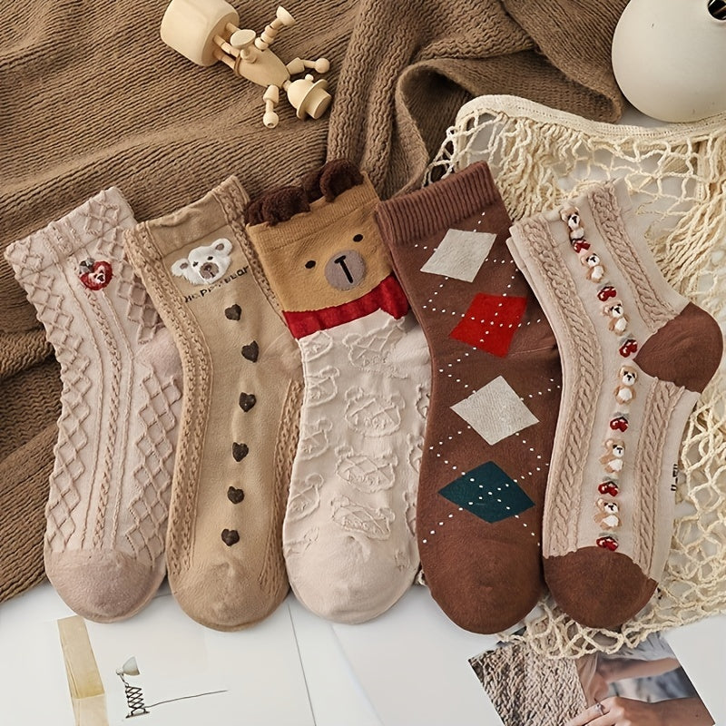 5 Pairs Textured Bear & Geometric Pattern Socks Women's Stockings