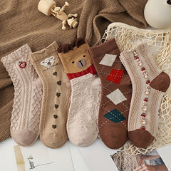 5 Pairs Textured Bear & Geometric Pattern Socks Women's Stockings