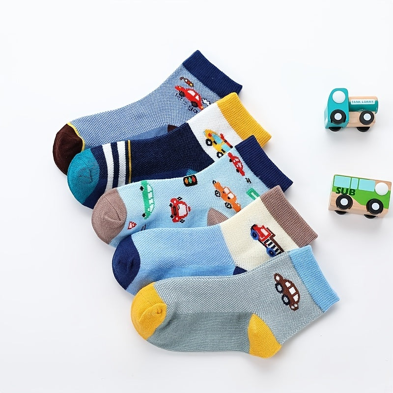 5 Pairs Kids Cartoon Car Cotton Crew Socks, Winter Boys and Girls