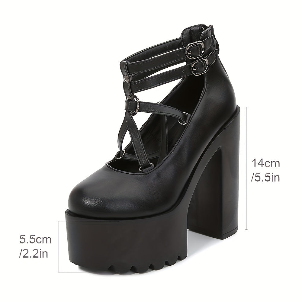 Closed Toe Buckle Strap Platform Pumps Solid Heels