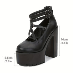 Closed Toe Buckle Strap Platform Pumps Solid Heels