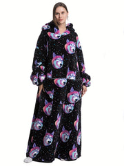 Dog Print Fuzzy Lounge Robe Hooded Robe Women's Loungewear